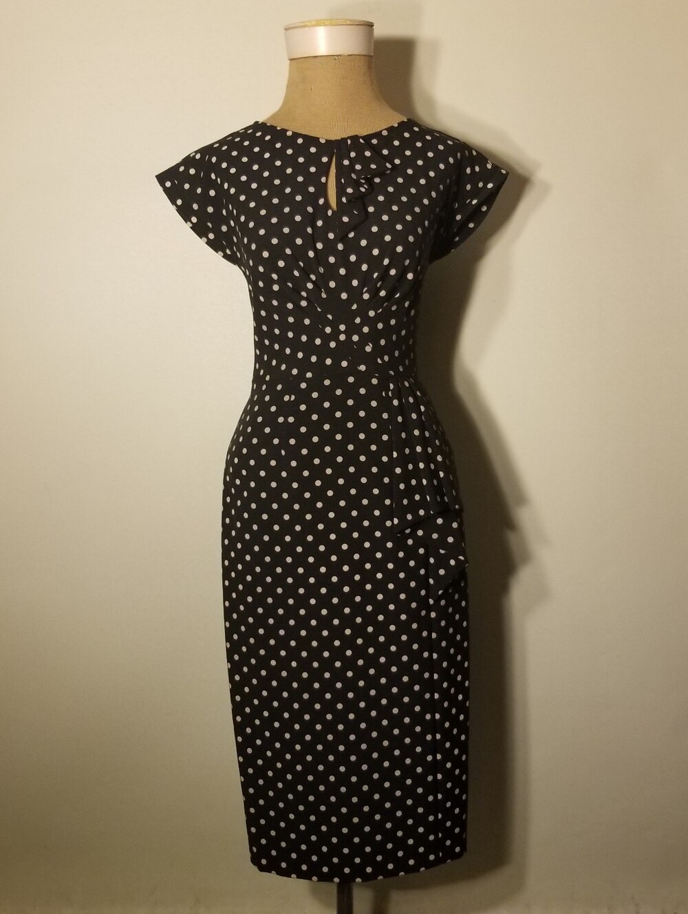 Stop Staring! Pencil Dress Black With Beige Polkadot Print Size Small (6)